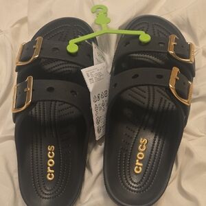 CROCS Woman Black Sandals with Gold Accents Saturday Sandal